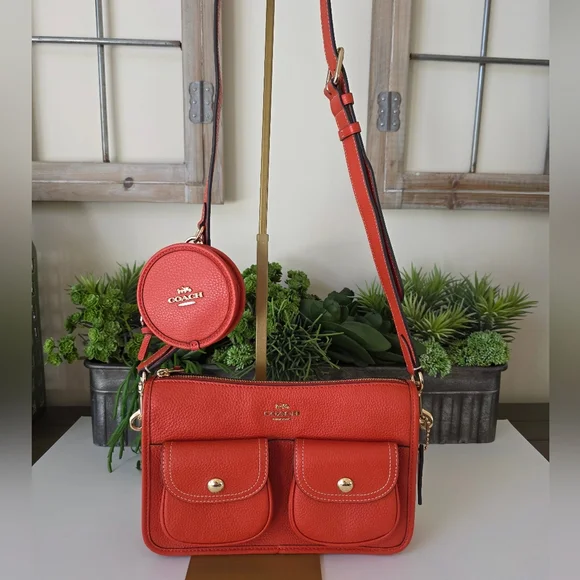 Coach Pennie Crossbody Bag With Coin Purse Mango Red Pebbled Leather-NWOT - Picture 7 of 14